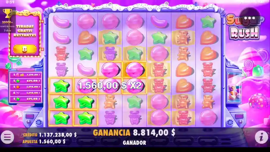 Sistema de multiplicadores de posición en Sugar Rush mostrando x2 x4 x8 x16 acumulados