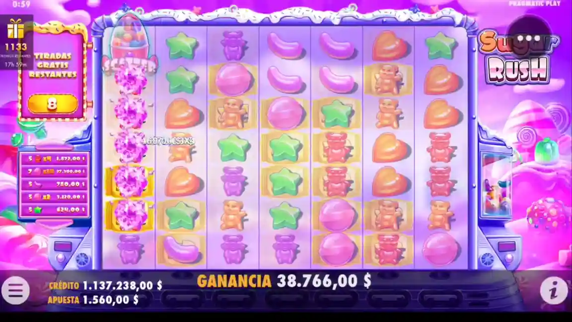 Juego Sugar Rush en móvil mostrando ganancia de $38.766 durante free spins