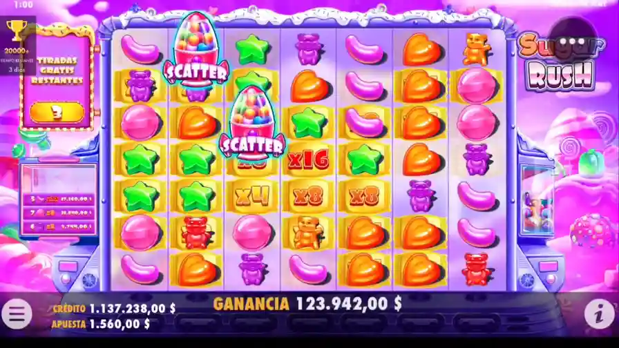 Sugar Rush slot mostrando multiplicadores x4 x8 x16 durante tumble wins