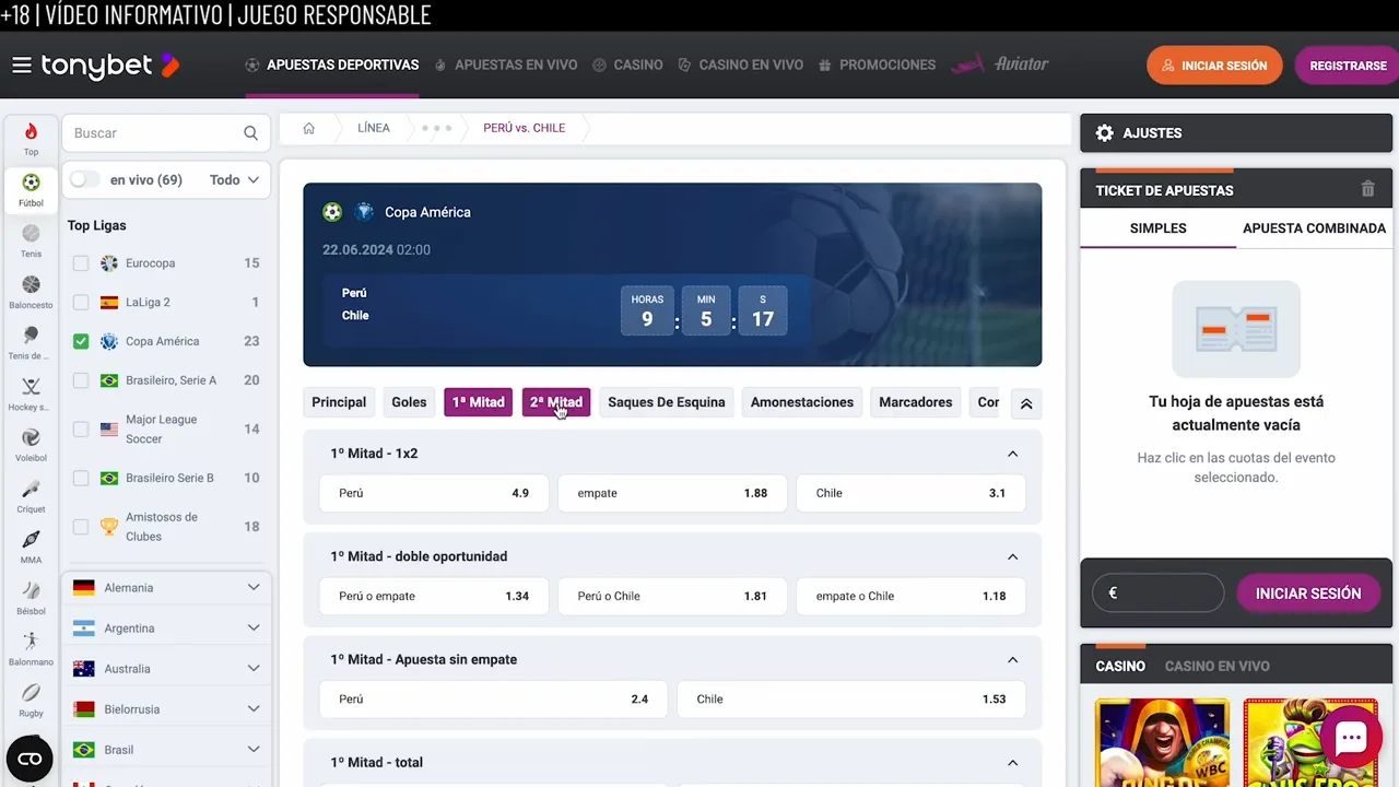 Interfaz de apuestas en vivo de TonyBet