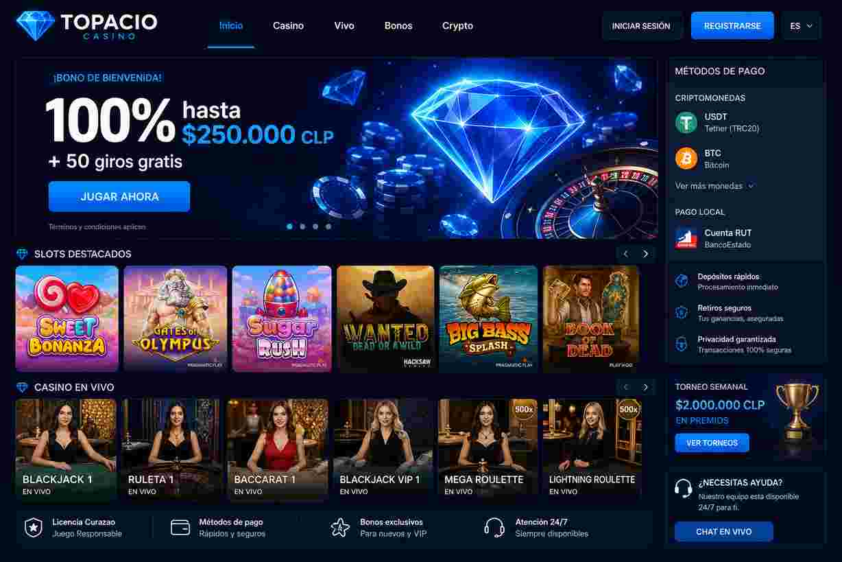 Captura del lobby de Topacio Casino con bono 100% hasta $250.000 CLP, slots y casino en vivo, m&eacute;todos cripto y Cuenta RUT