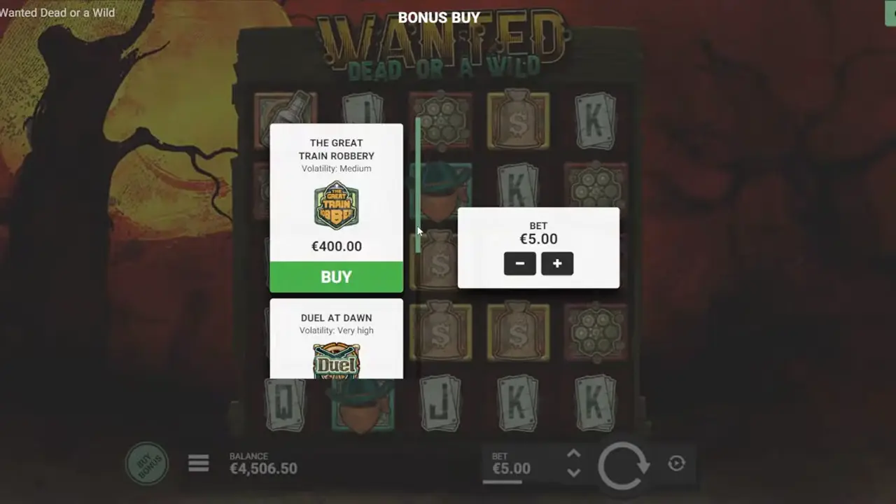 Wanted Dead or a Wild - Bonus Buy disponible Pantalla de compra de bonus en Wanted Dead or a Wild