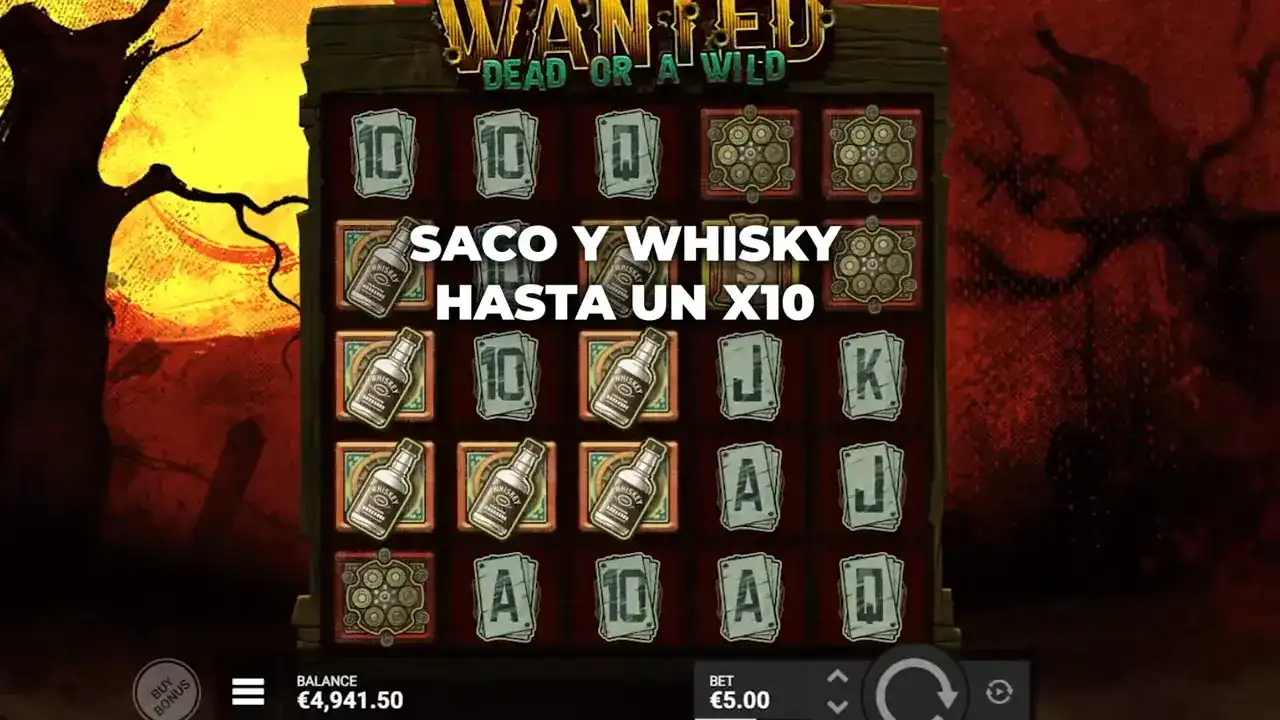 Wanted Dead or a Wild - Premio con multiplicador x10 Símbolo de whisky con multiplicador x10