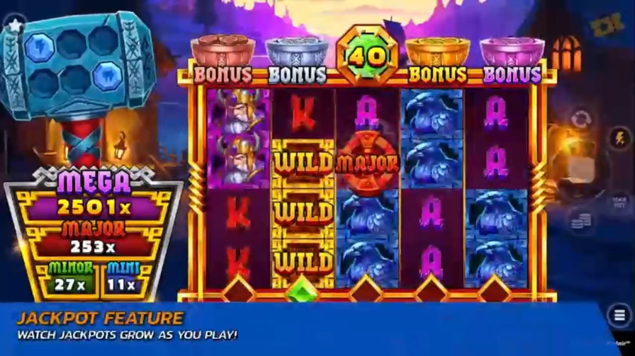 Treasures of Mjolnir función Jackpot Feature con multiplicador x100 y símbolos Wild Major activados