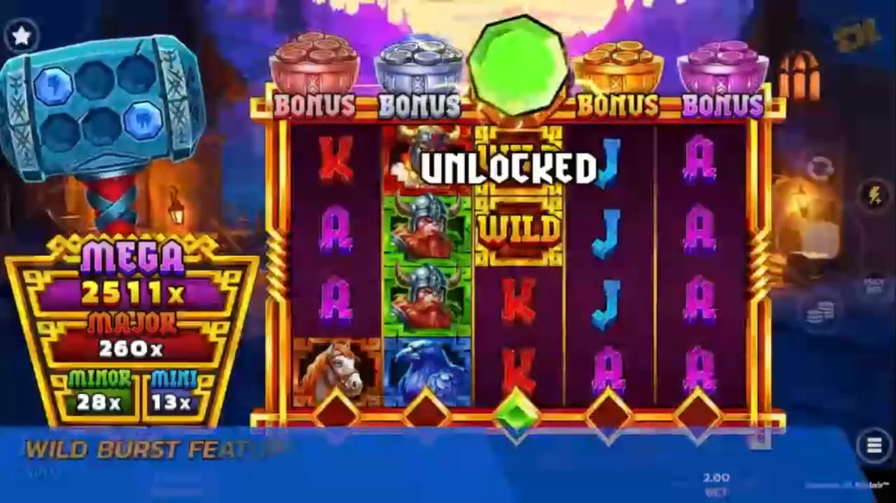 Treasures of Mjolnir slot con jackpot x25 activado, mostrando multiplicadores dorados y símbolos Wild Burst