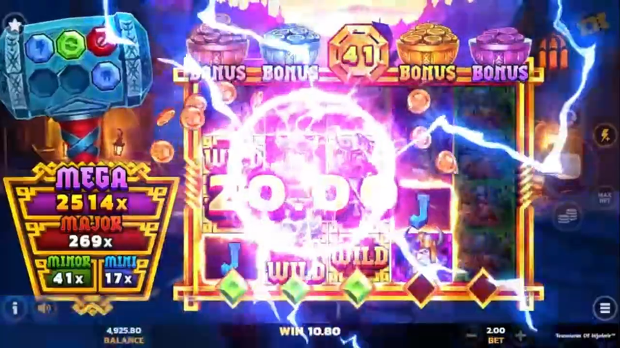 Treasures of Mjolnir función Thunderous Cluster Zone activada con rayos épicos y ganancias múltiples