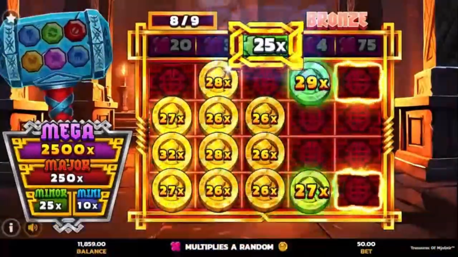 Treasures of Mjolnir función jackpot activada con multiplicadores x25 x20 x15 y valores dorados